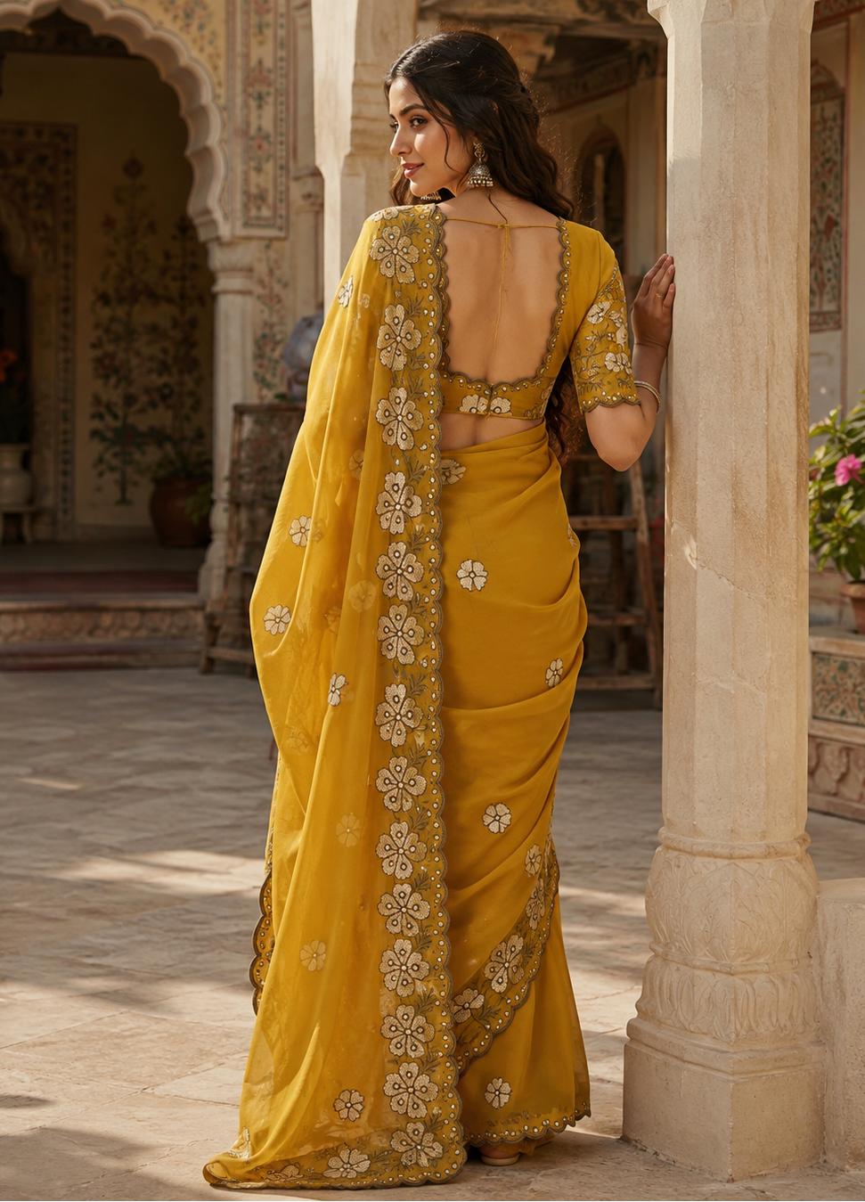 Premium Georgette Heavy Work Saree With Unstitched Blouse(yellow) image 2