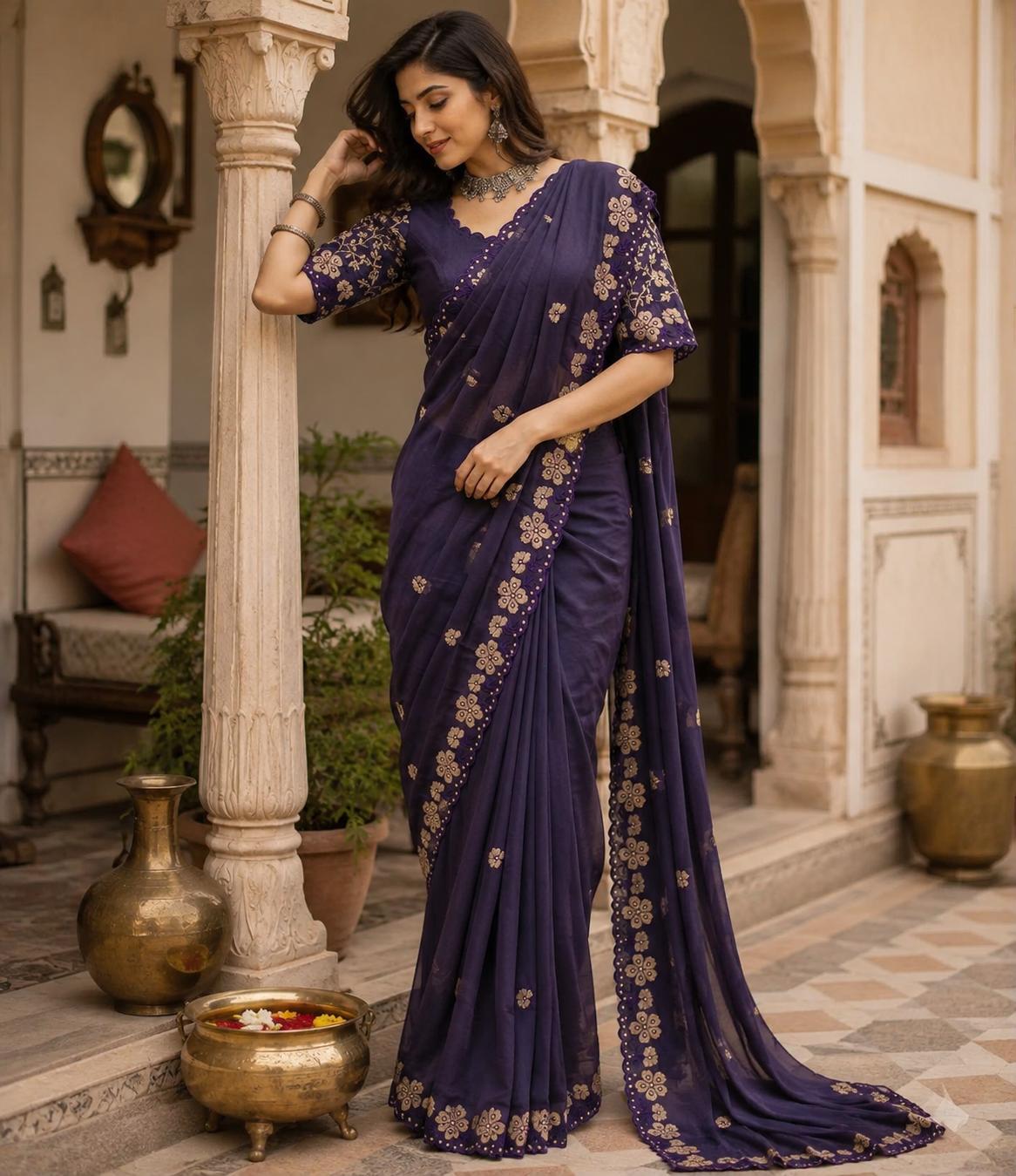 Premium Georgette Heavy Work Saree With Unstitched Blouse(violet) image 2