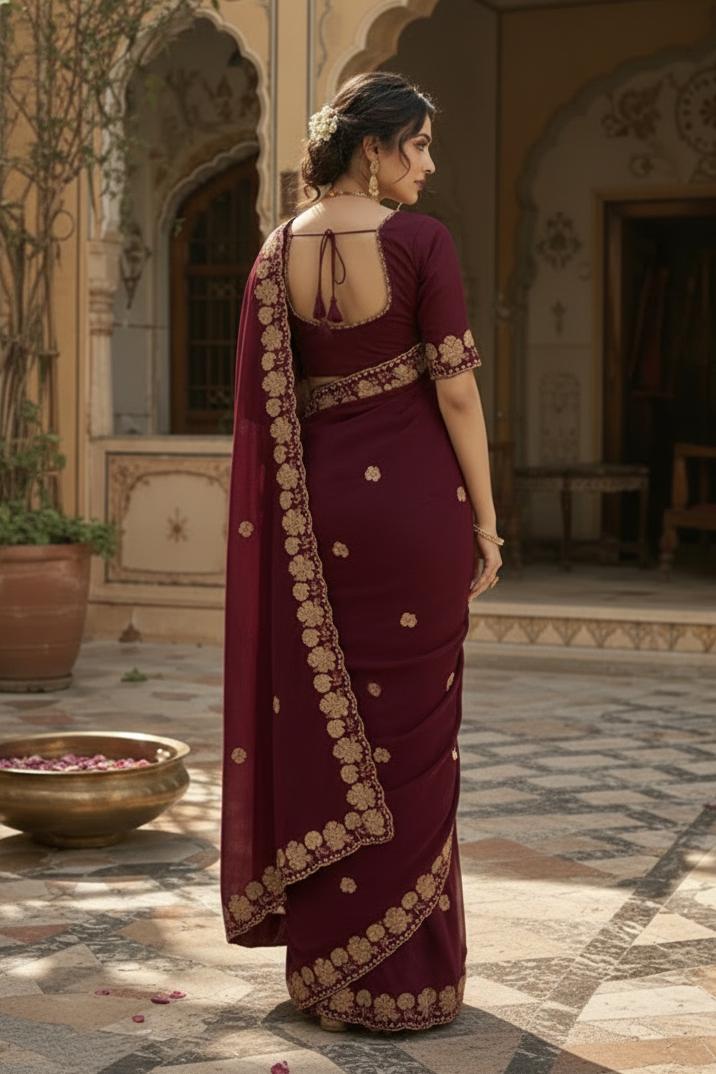 Premium Georgette Heavy Work Saree With Unstitched Blouse(wine) image 2