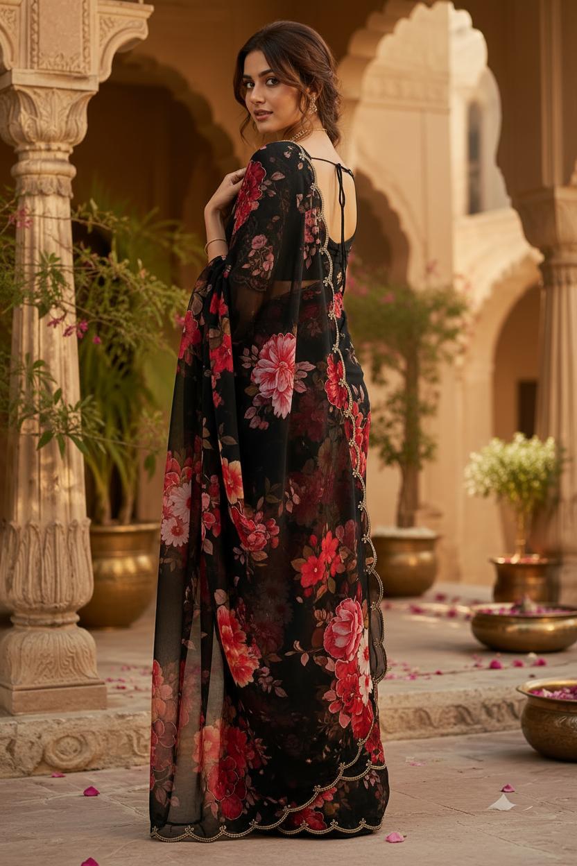 Premium Georgette Digital Floral Print Saree With Unstitched Blouse(black) image 2