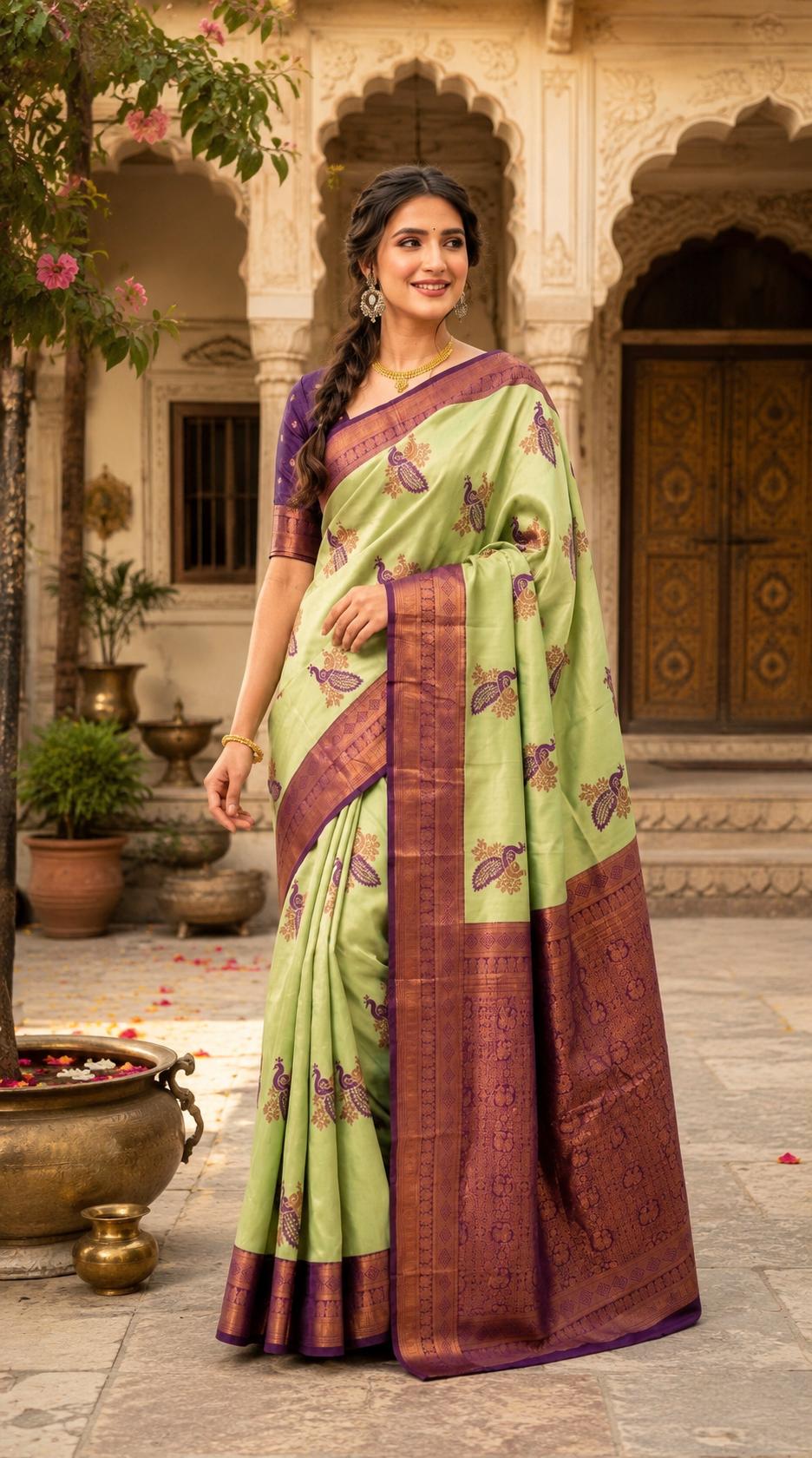 Pure Banarasi Silk Saree With Unstitched Blouse(pista) image 2