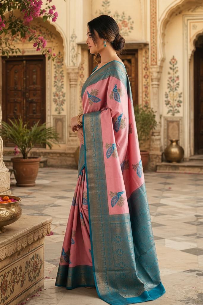 Pure Banarasi Silk Saree With Unstitched Blouse(pink) image 2