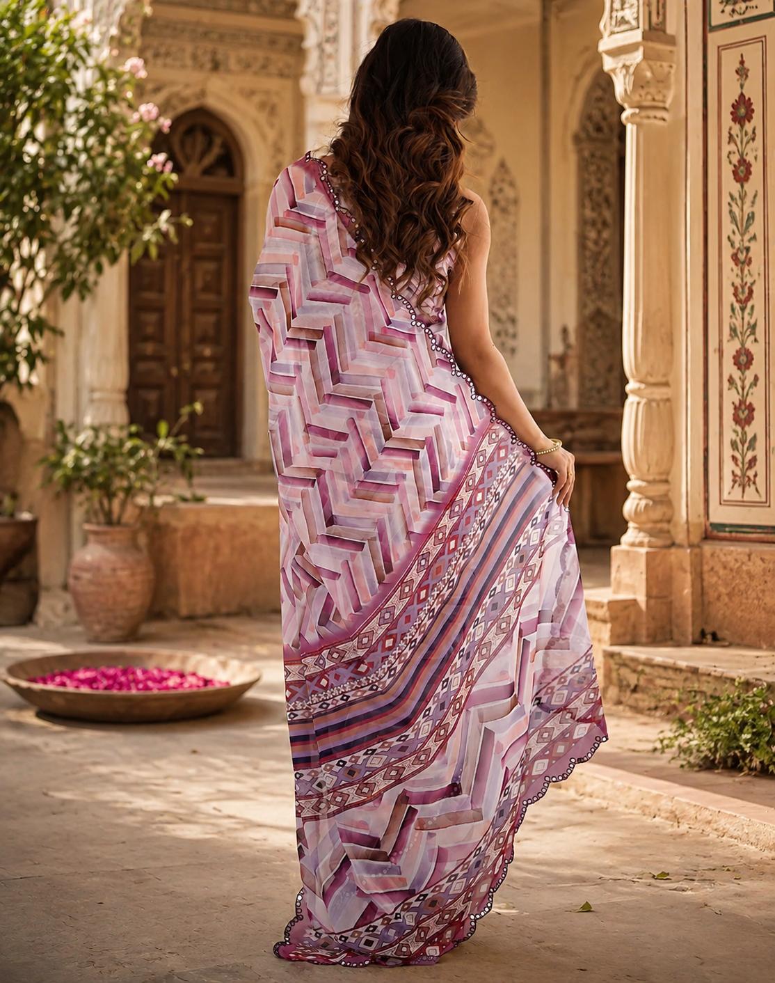 Georgette Printed Mirror Work Saree With Unstitched Blouse(cream) image 2
