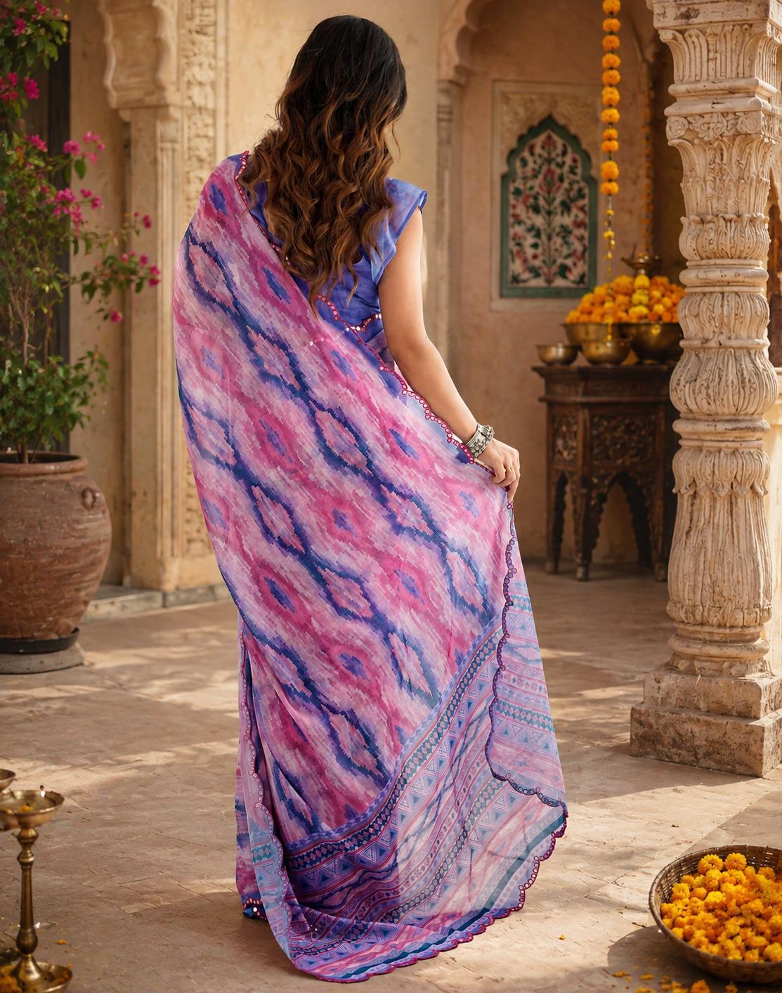 Georgette Printed Mirror Work Saree With Unstitched Blouse(lavender) image 2