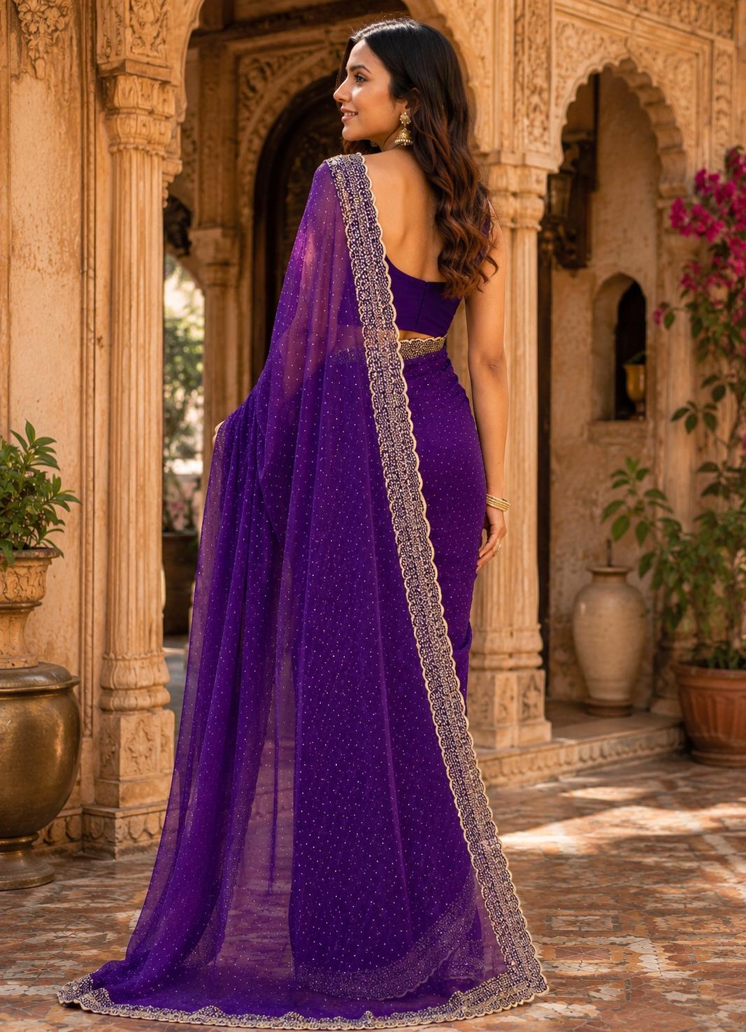 Soft Space Silk Diamond Lace Border Saree With Unstitched Blouse(purple) image 2