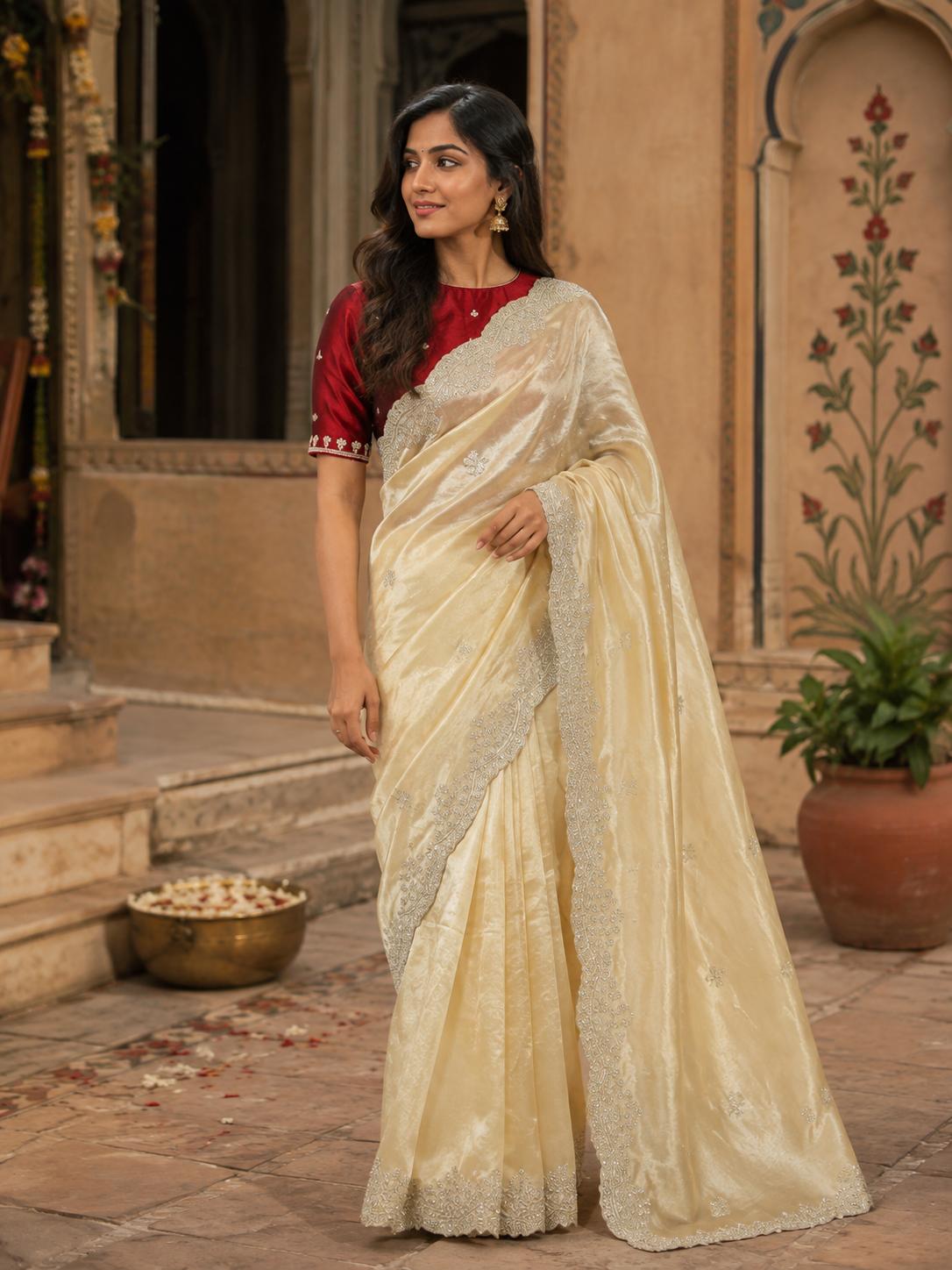 Space Silk Sequins Work Saree With Unstitched Blouse(cream) image 2