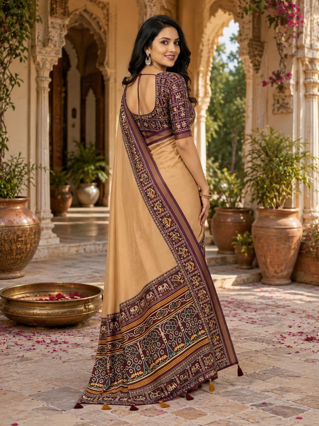 Cotton Zari Border Printed Saree With Unstitched Blouse(cream) image 2