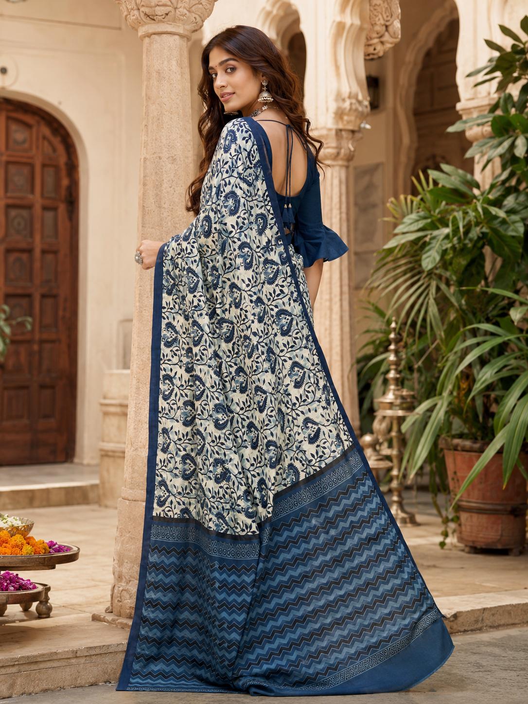 Cotton Printed Saree With Unstitched Blouse(blue) image 2