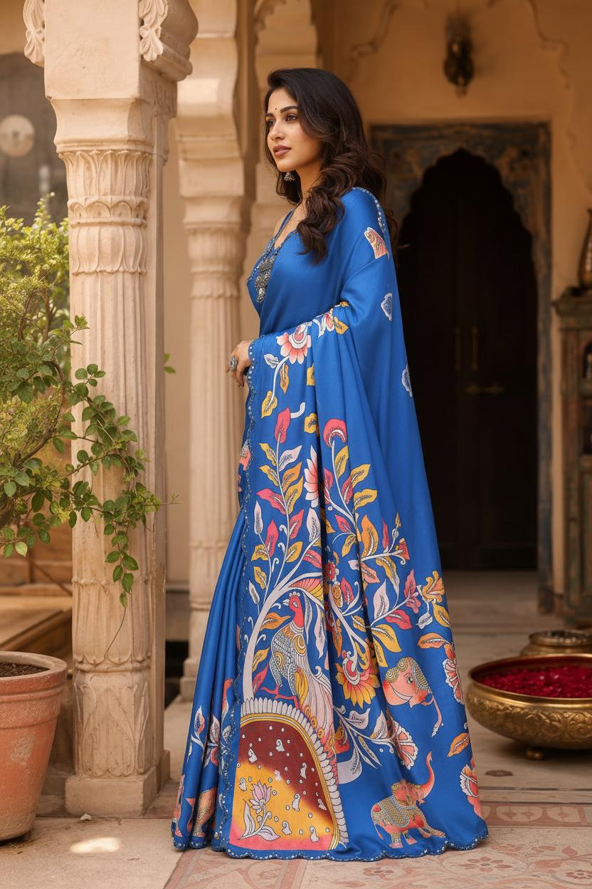 Manipuri Silk Kalamkari Print Saree With Unstitched Blouse(blue) image 2