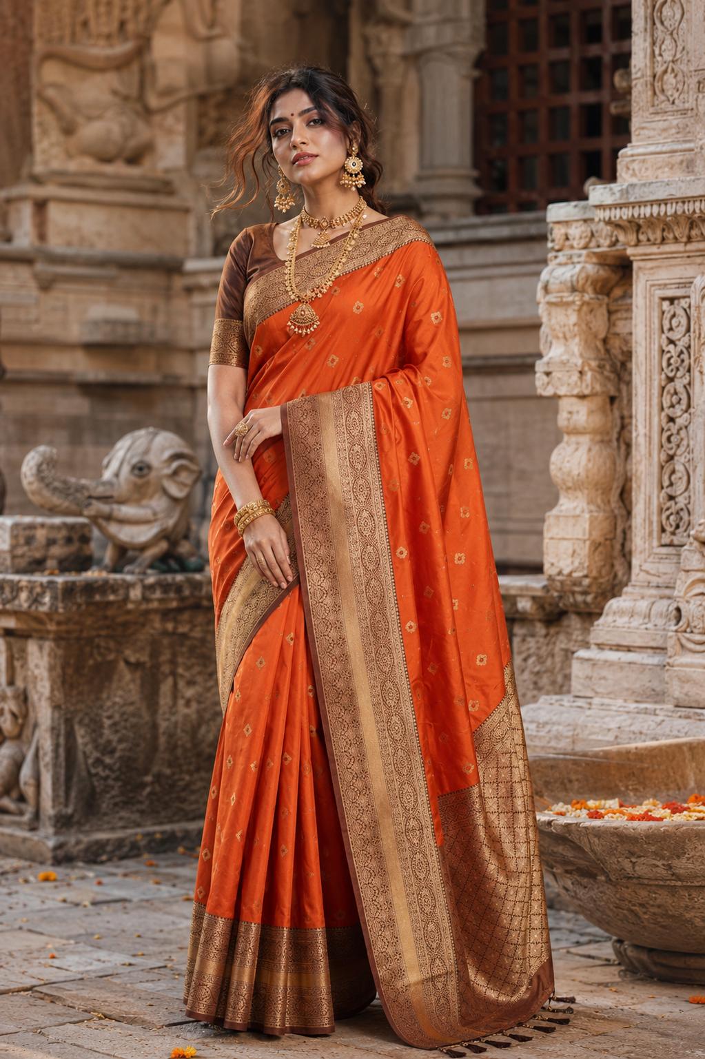 Pure Banarasi Silk Saree With Unstitched Blouse(orange) image 2