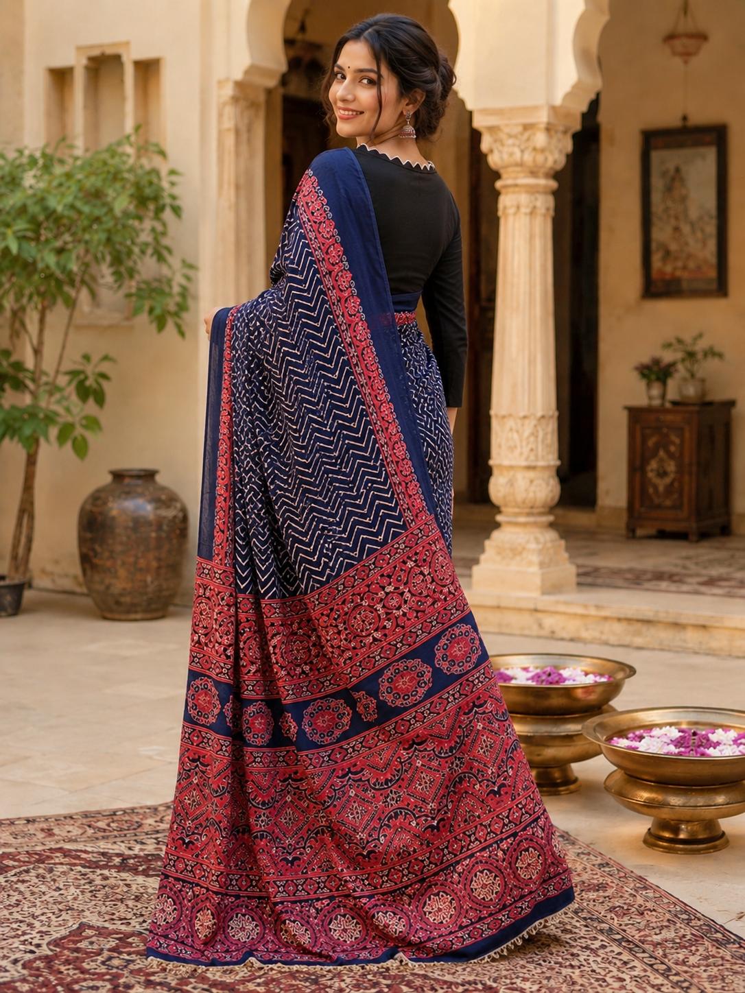 Premium Satin Silk Ajrarakh Print Saree With Unstitched Blouse(blue) image 2
