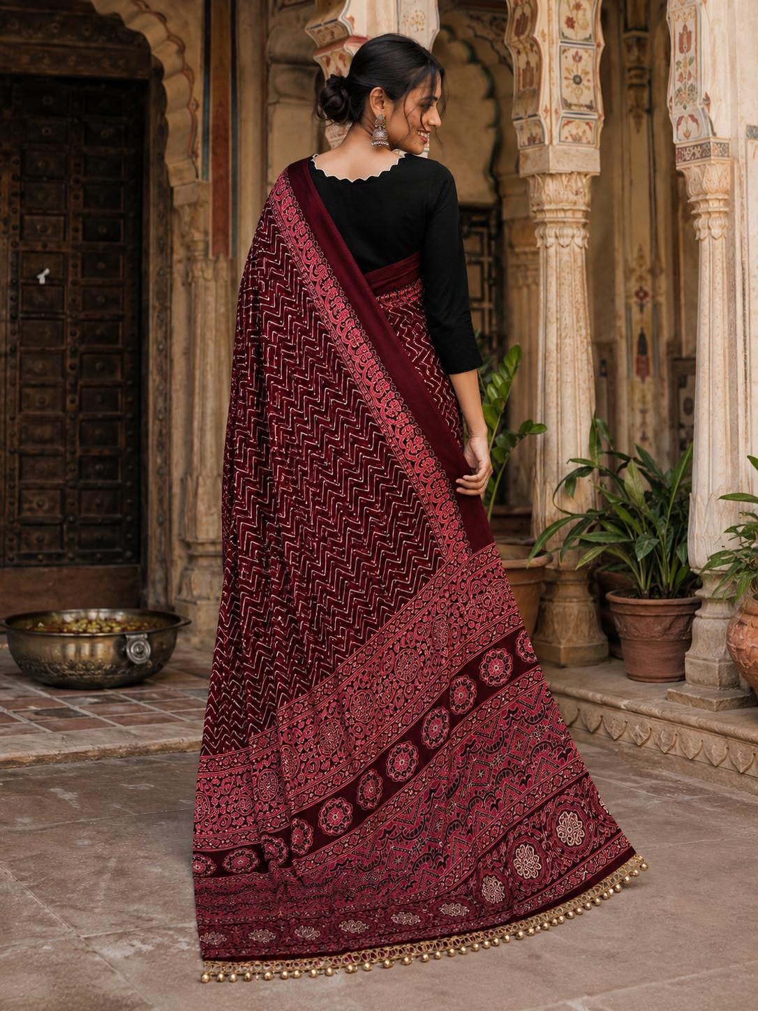 Premium Satin Silk Ajrarakh Print Saree With Unstitched Blouse(maroon) image 2