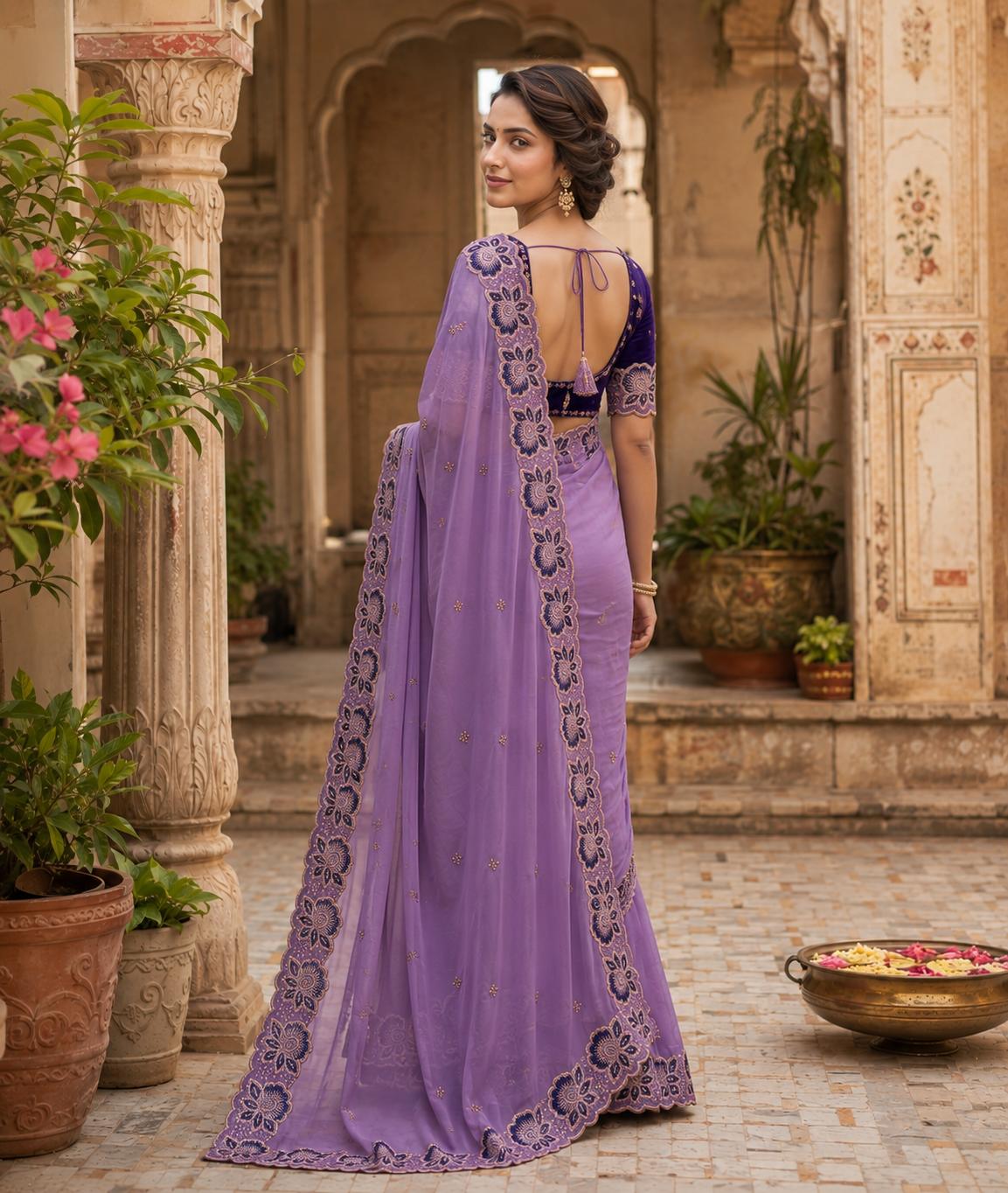 Georgette Multi Embroidery Work Saree With Unstitched Blouse(lavender) image 2
