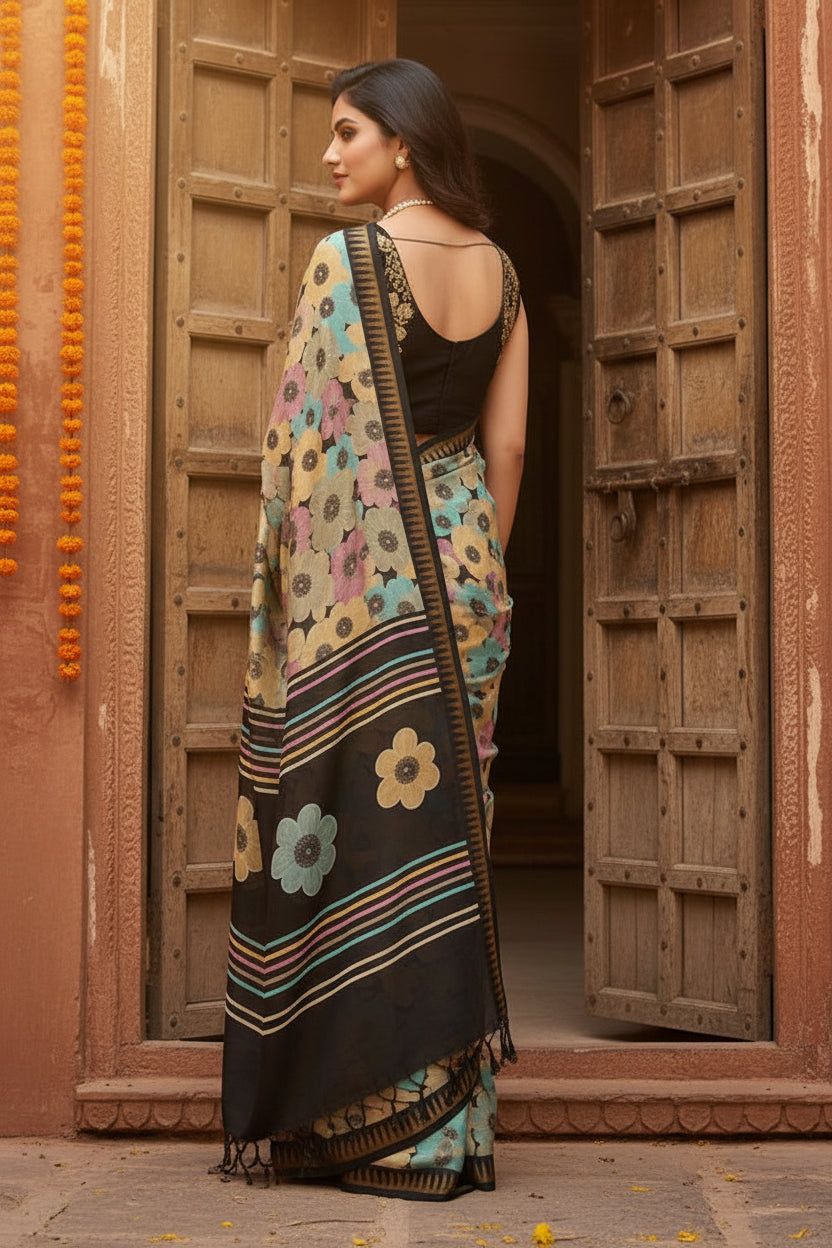 Soft Silk Digital Print Saree With Unstitched Blouse(black) image 2