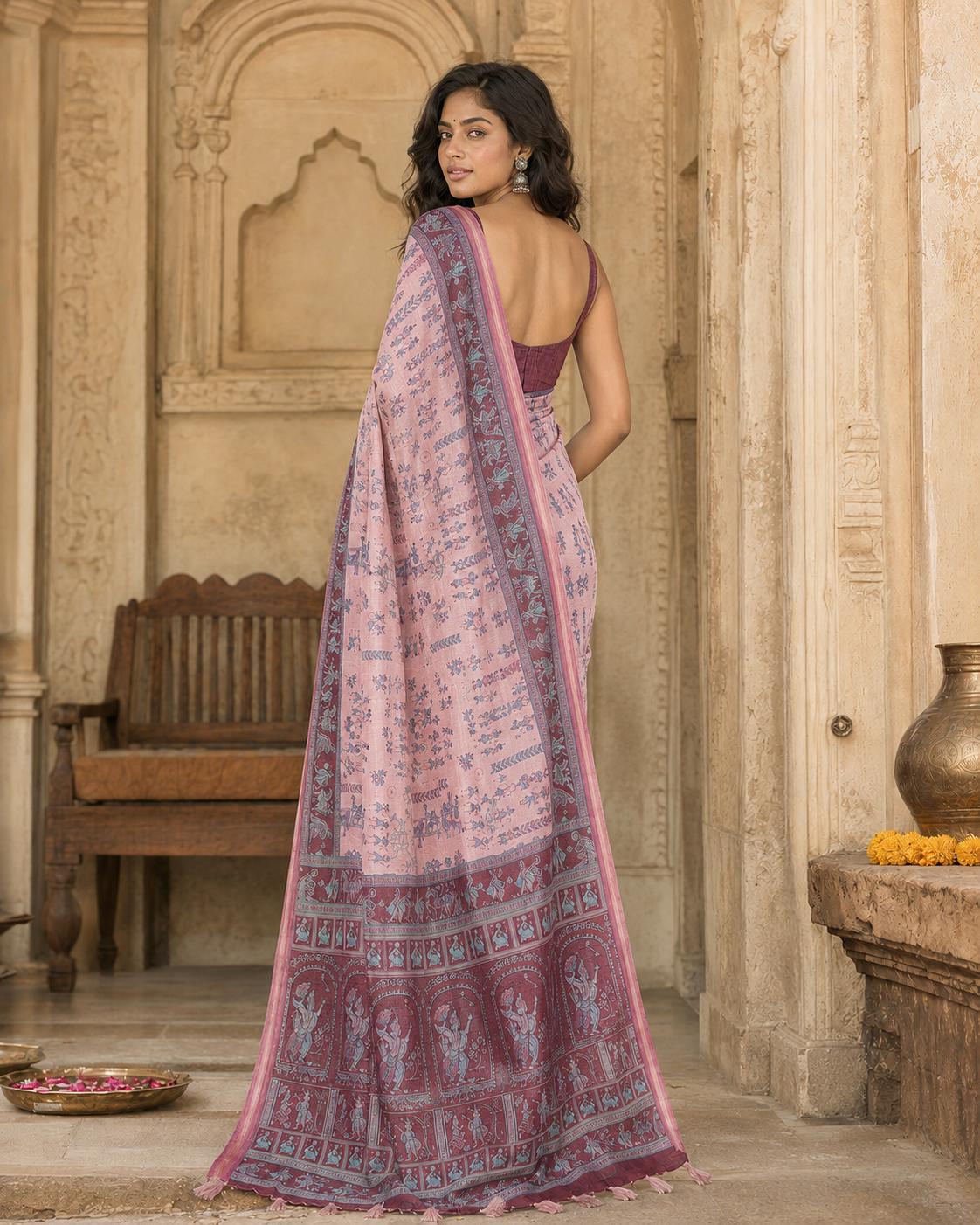 Silk Blend Jacquard Weaving Zari Border Saree With Unstitched Blouse(wine) image 2