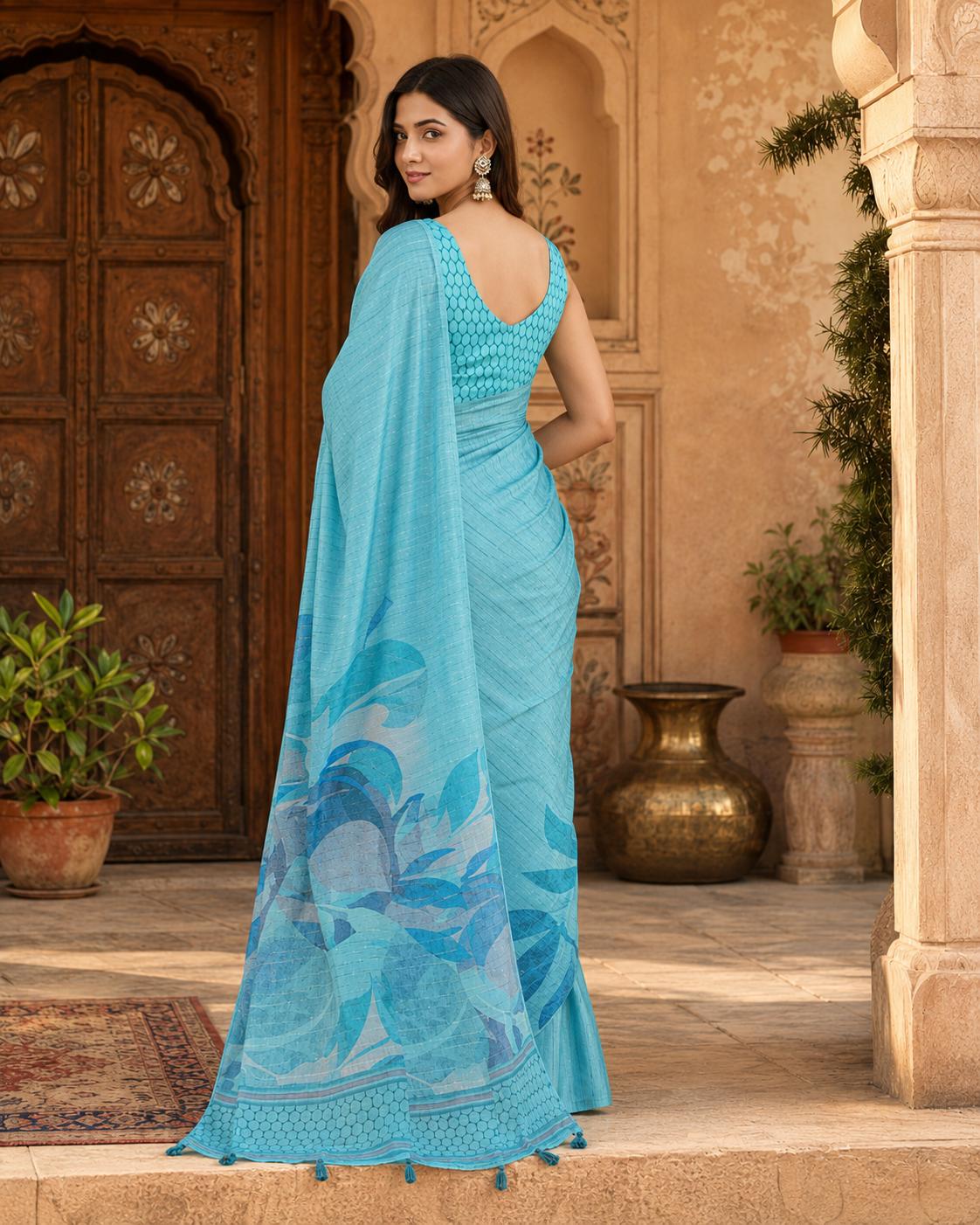 Silk Blend Jacquard Weaving Zari Border Saree With Unstitched Blouse(blue) image 2
