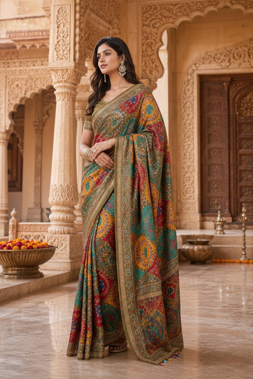 Modal Crepe Silk Mirror Work Saree With Unstitched Blouse(green) image 2