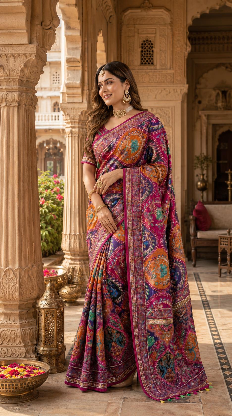 Modal Crepe Silk Mirror Work Saree With Unstitched Blouse(wine) image 2