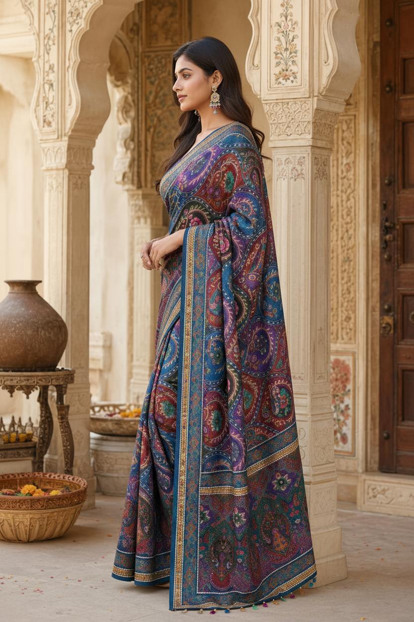 Modal Crepe Silk Mirror Work Saree With Unstitched Blouse(blue) image 2