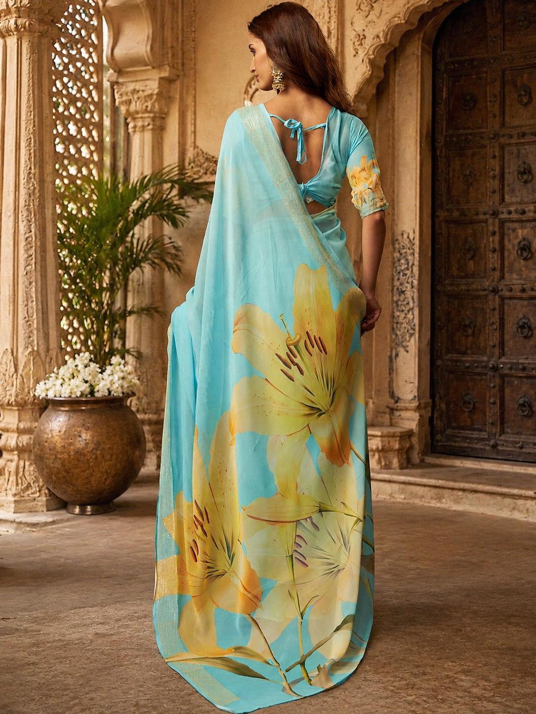 Georgette Digital Print Saree With Unstitched Blouse(sky) image 2