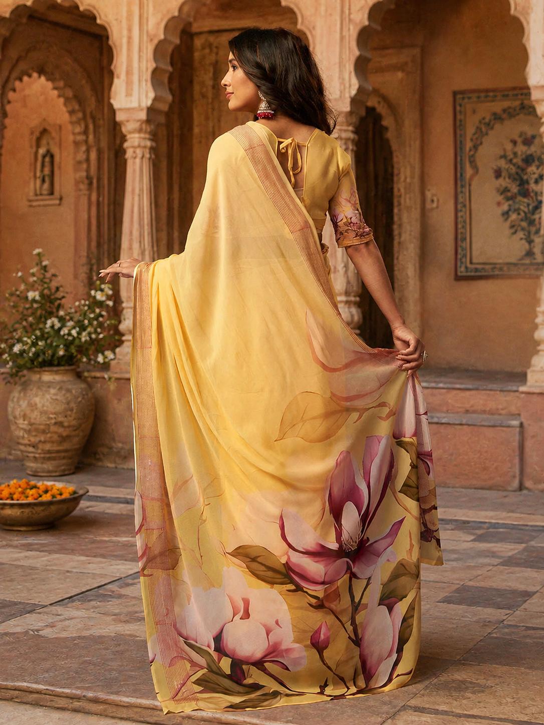 Georgette Digital Print Saree With Unstitched Blouse(yellow) image 2