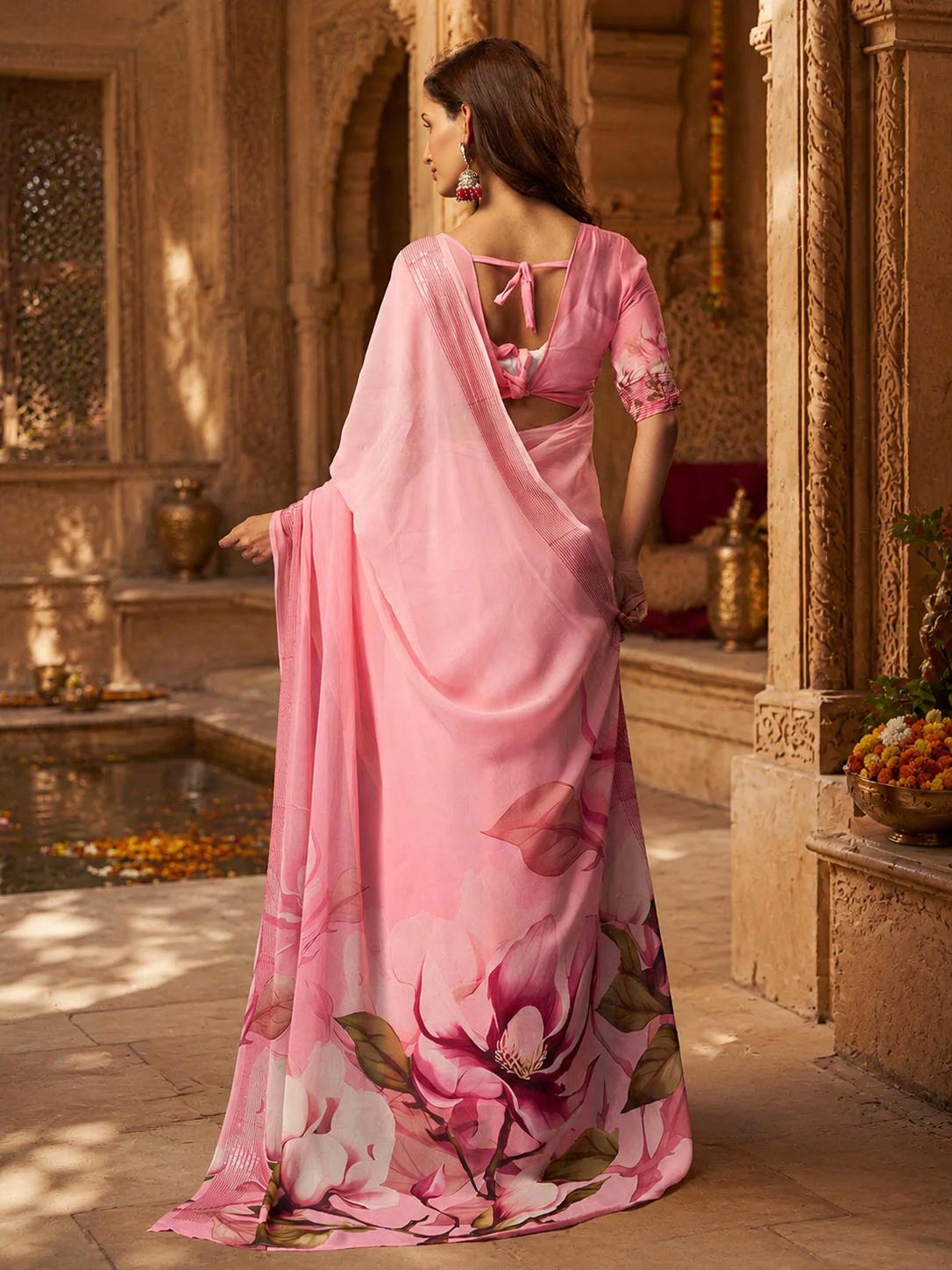 Georgette Digital Print Saree With Unstitched Blouse(baby Pink) image 2