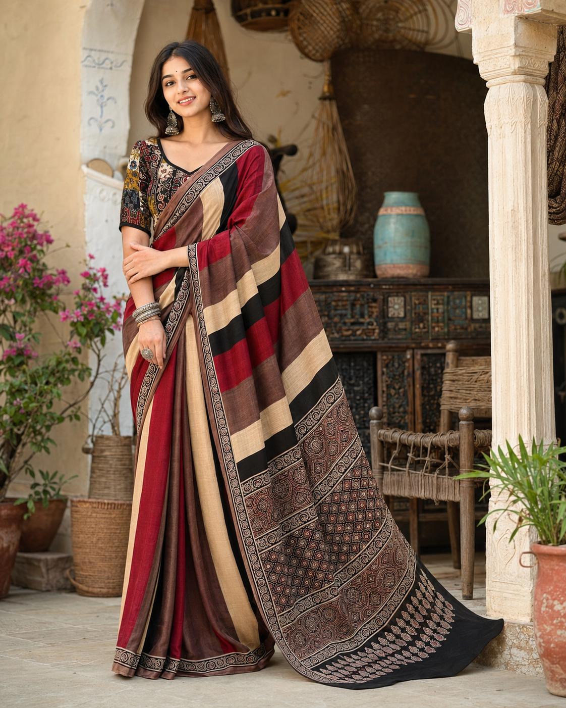 Muslin Silk Ajrakh Printed Saree With Unstitched Blouse(maroon) image 2