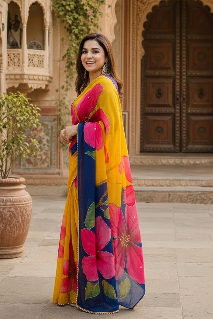 Georgette Digital Printed Saree With Unstitched Blouse(yellow) image 2