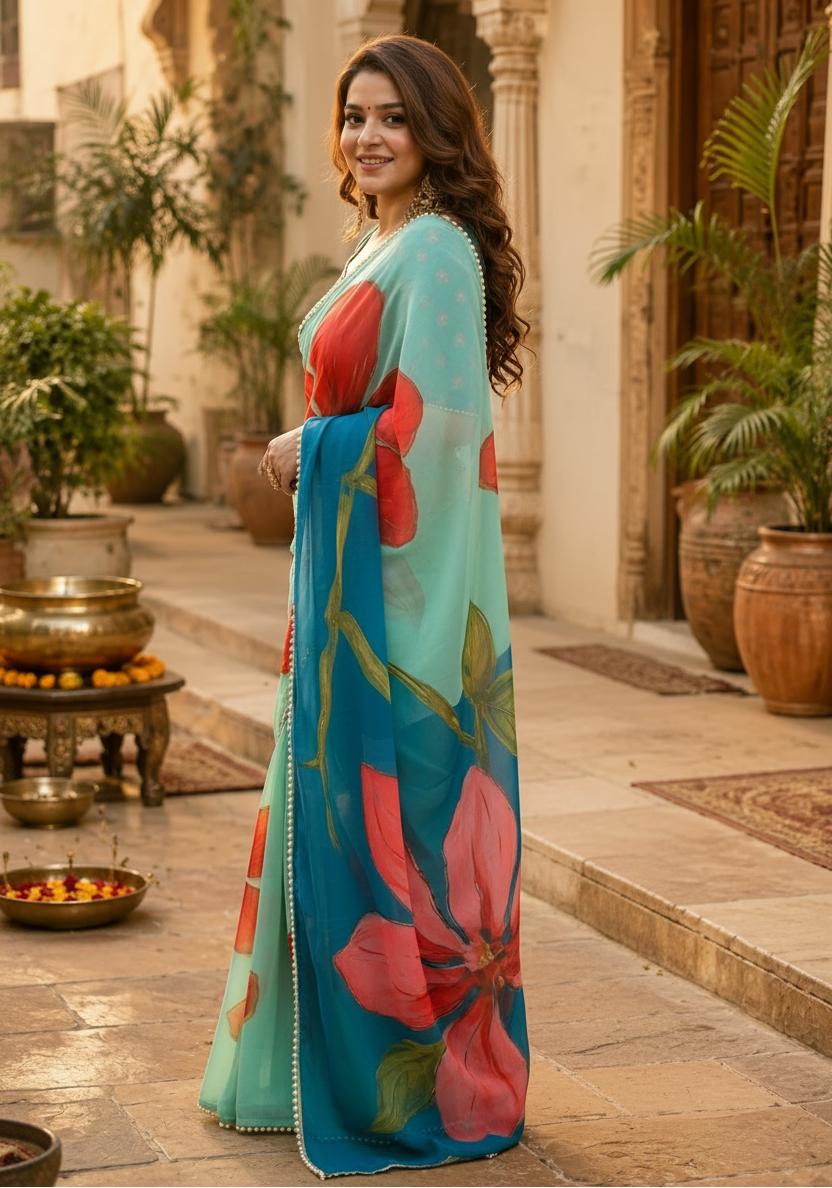 Georgette Digital Printed Saree With Unstitched Blouse(teal) image 2