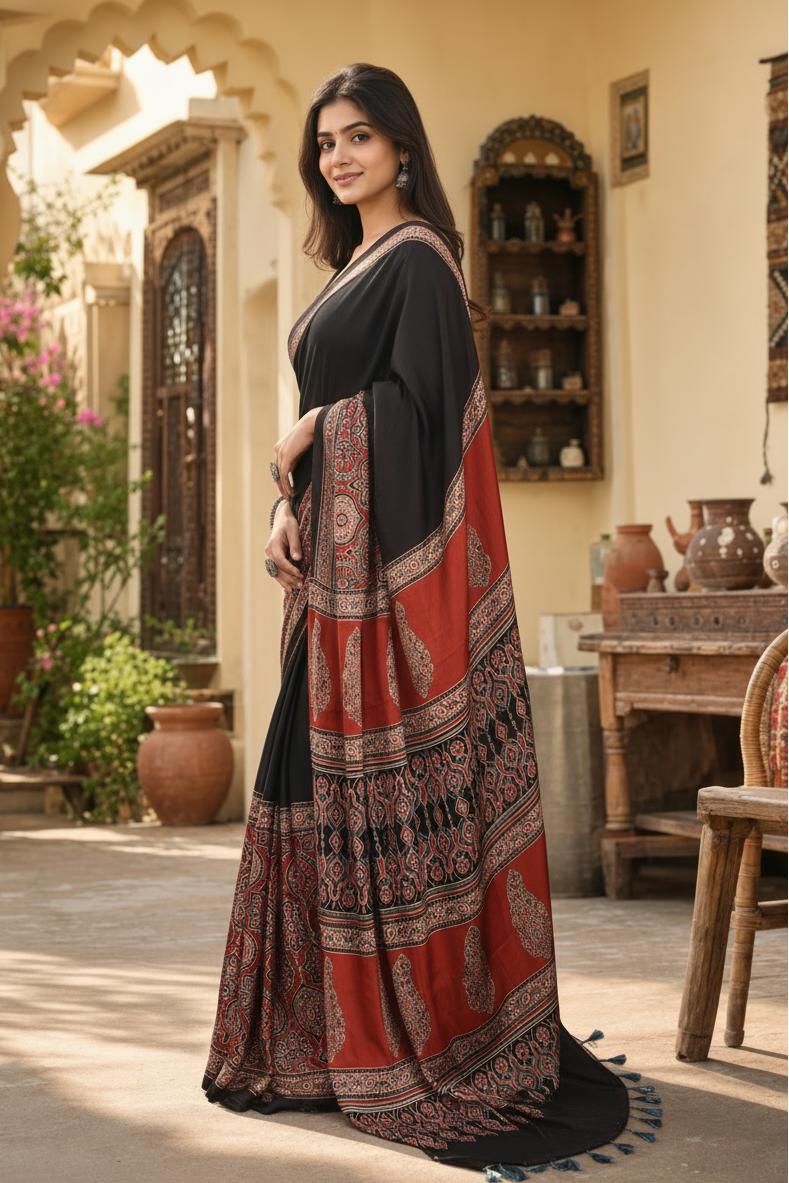 Premium Gajji Silk Ajrakh Printed Saree With Unstitched Blouse(red) image 2