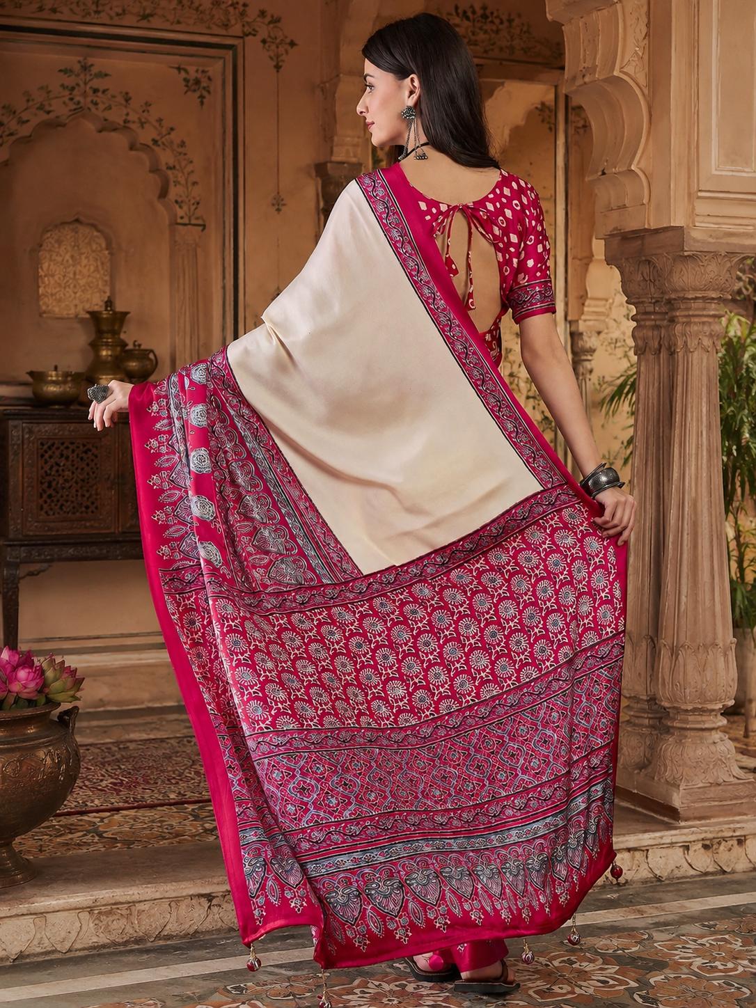 Satin Silk Printed Saree With Unstitched Blouse(pink) image 2