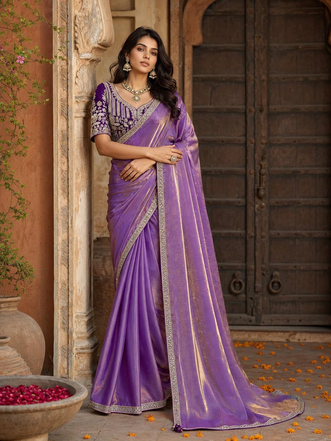 Premium Velvet Satin Party Wear Saree With Unstitched Blouse(purple) image 2