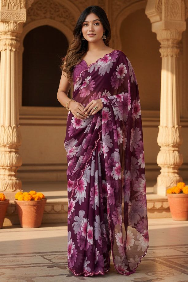 Georgette Floral Printed Saree With Unstitched Blouse(wine) image 2