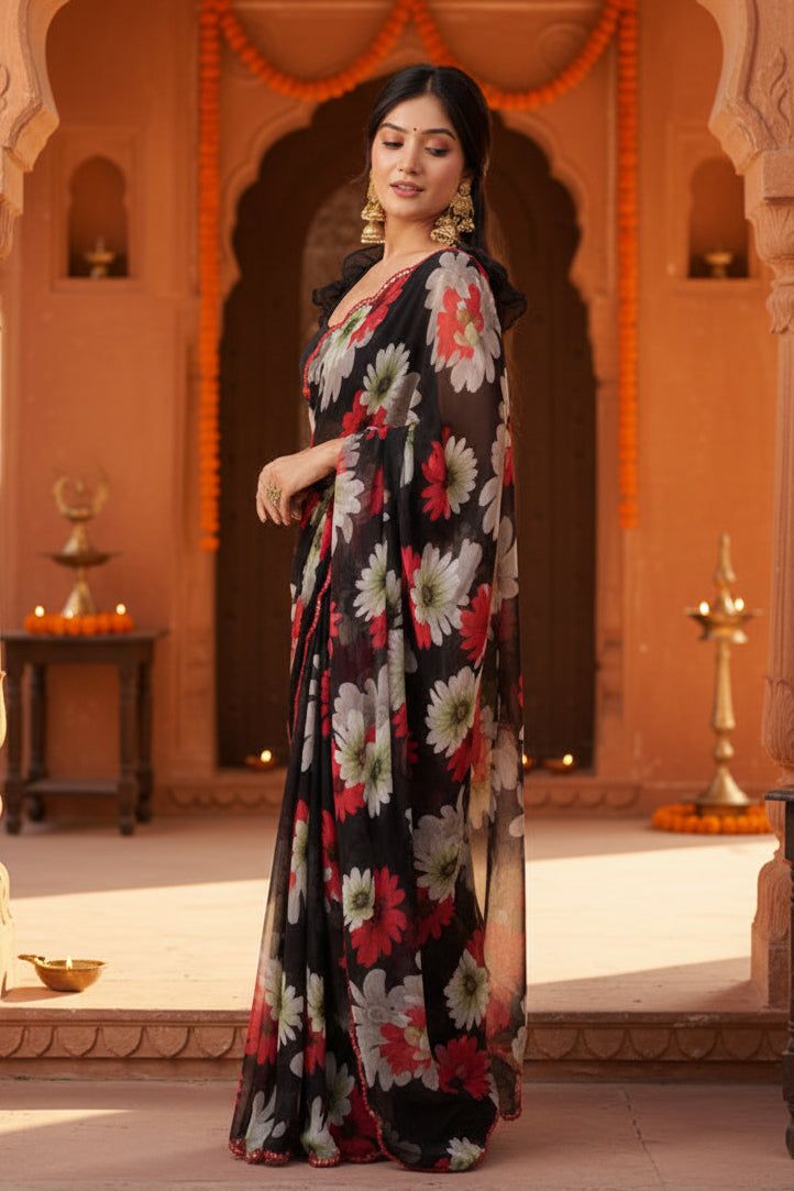 Georgette Floral Printed Saree With Unstitched Blouse(black) image 2