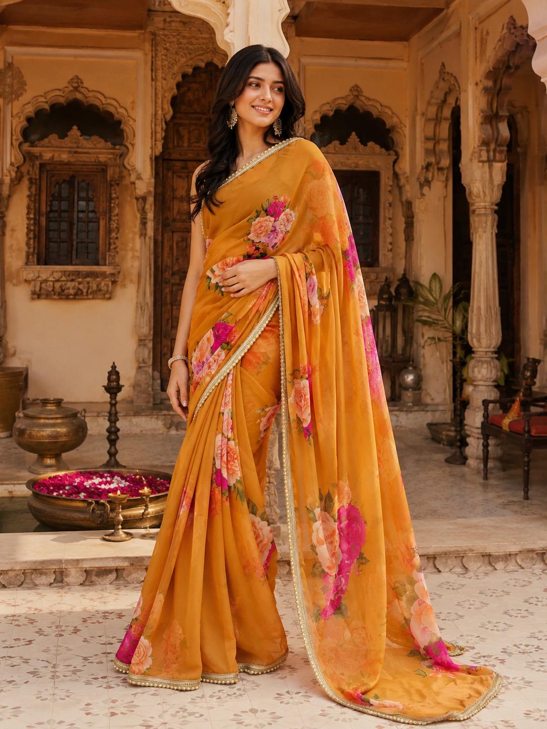 Georgette Floral Printed Saree With Unstitched Blouse(yellow) image 2