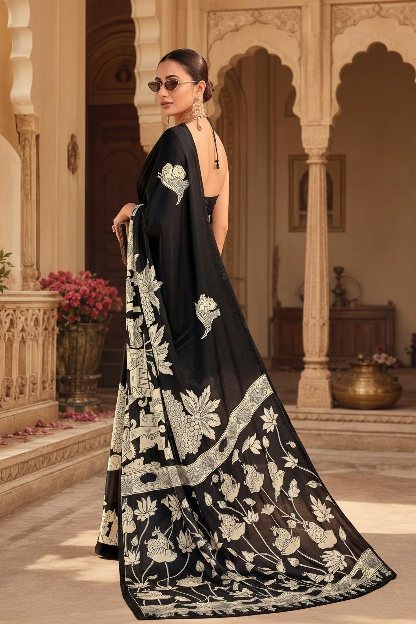 Satin Silk Kalamkari Print Saree With Unstitched Blouse(black) image 2