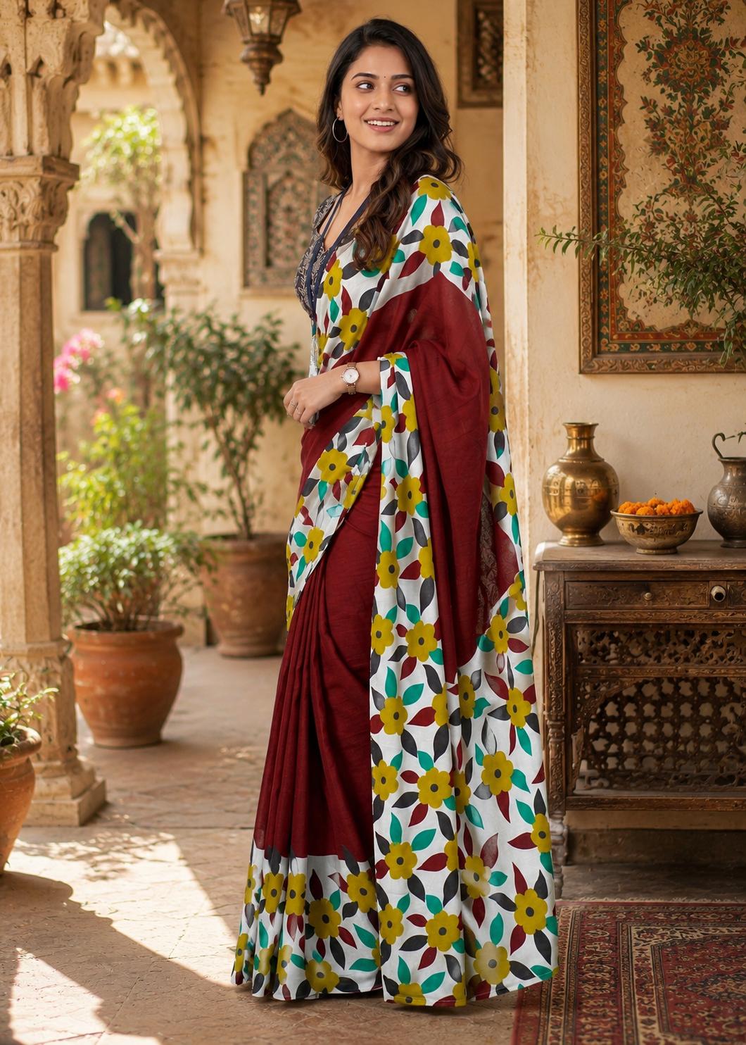 Soft Mulmul Cotton Block Printed Saree With Unstitched Blouse(red) image 3