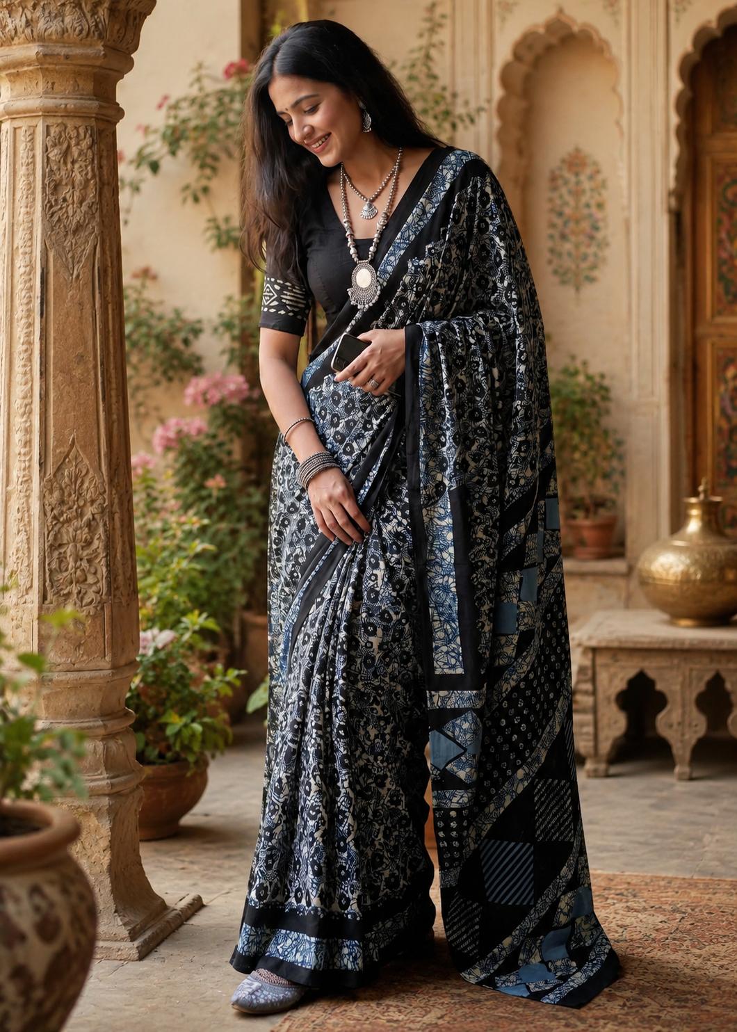 Mulmul Cotton Batik Print Saree With Unstitched Blouse(blue) image 3