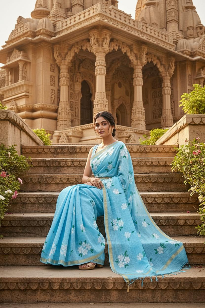 Linen Gold Digital Printed Saree With Unstitched Blouse(sky Blue) image 3