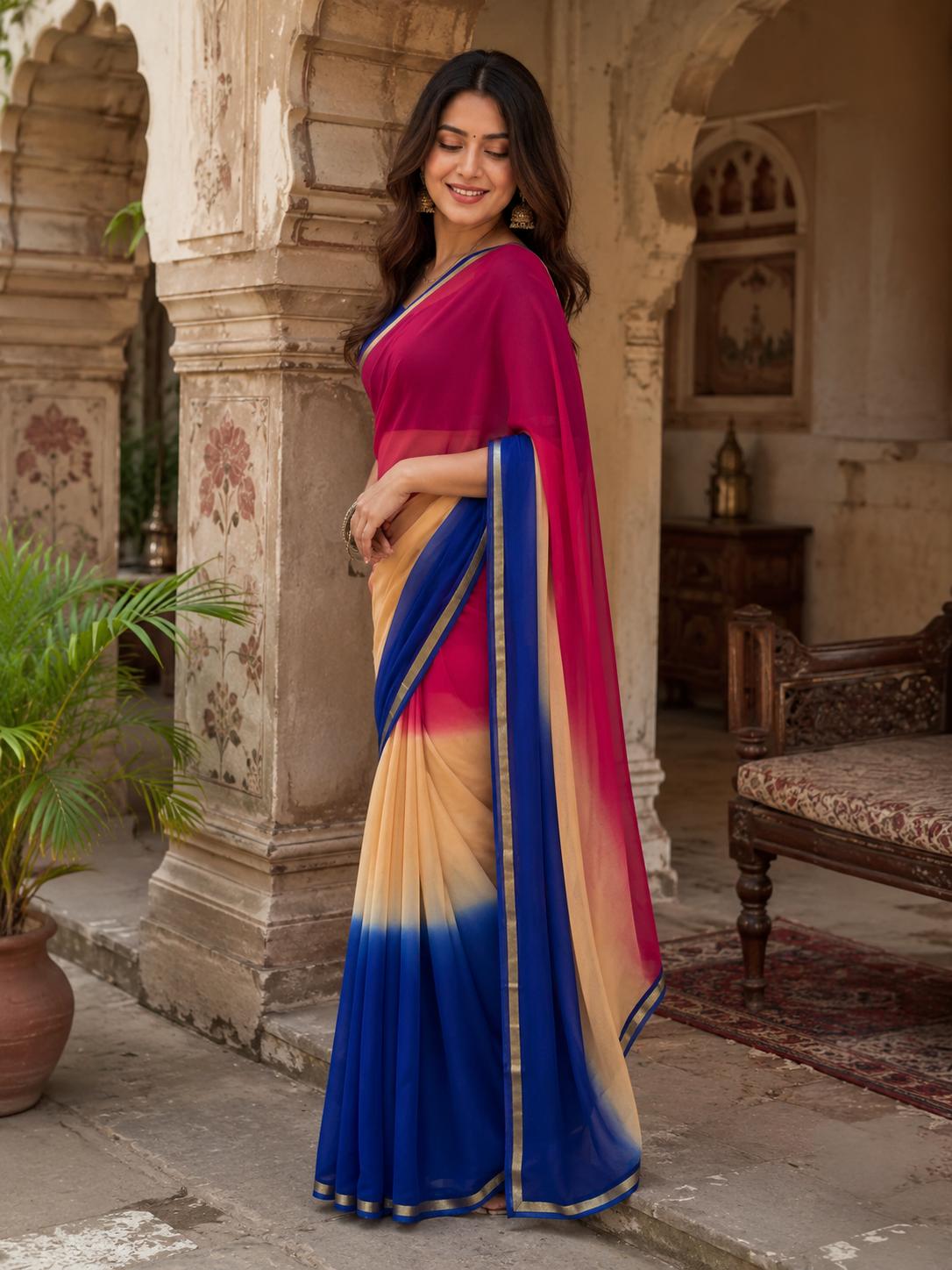 Georgette Printed Saree With Unstitched Blouse(multicolor) image 3