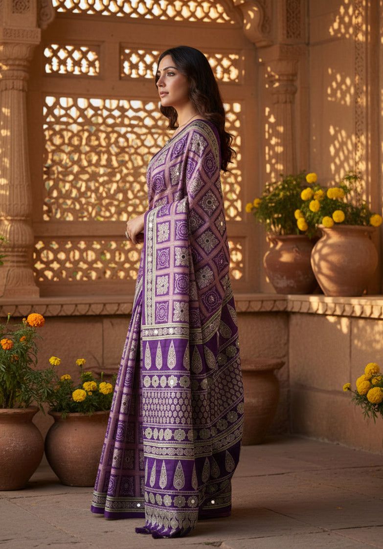 Satin Silk Ajrakh Printed Saree With Unstitched Blouse(purple) image 3