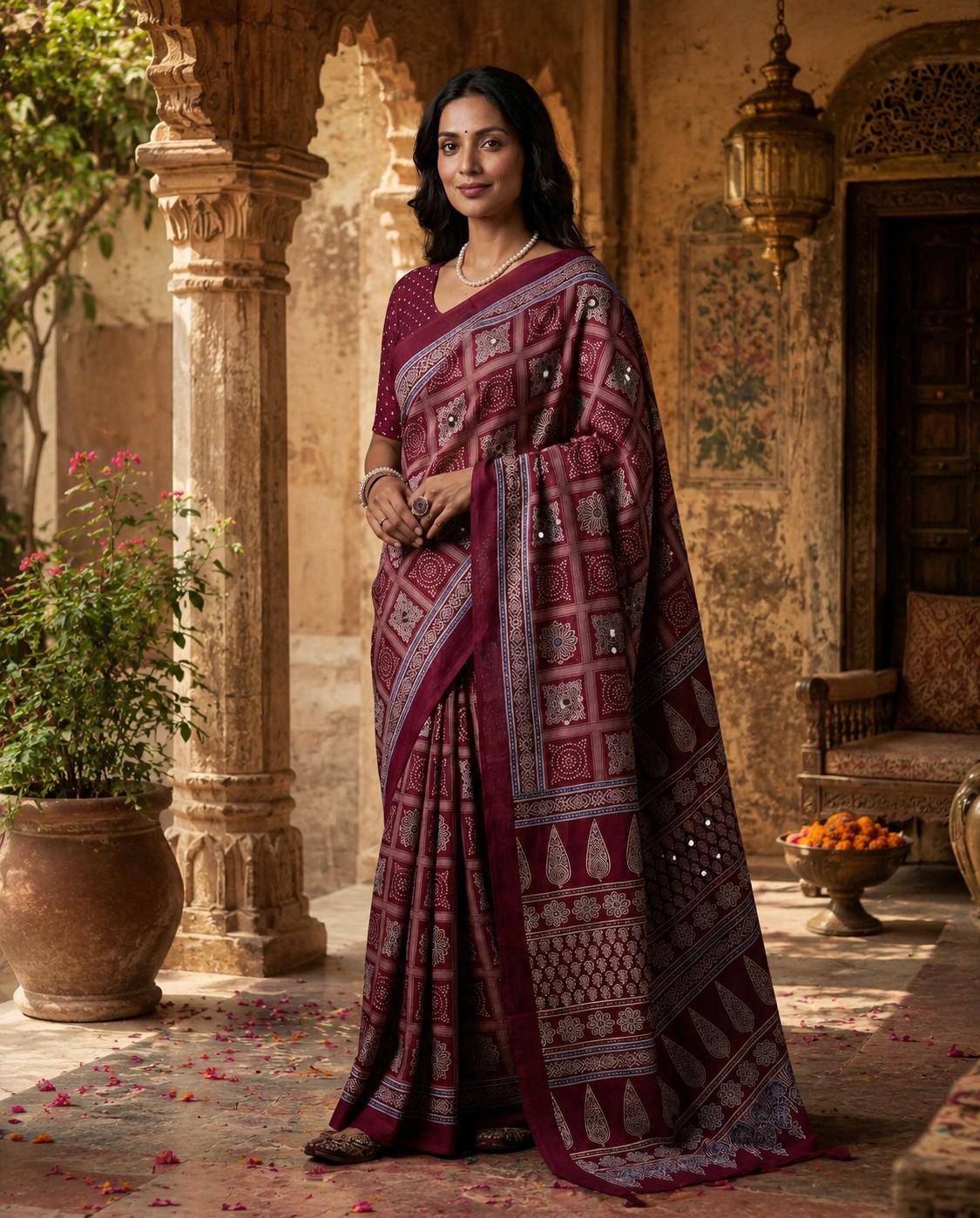 Satin Silk Ajrakh Printed Saree With Unstitched Blouse(red) image 3