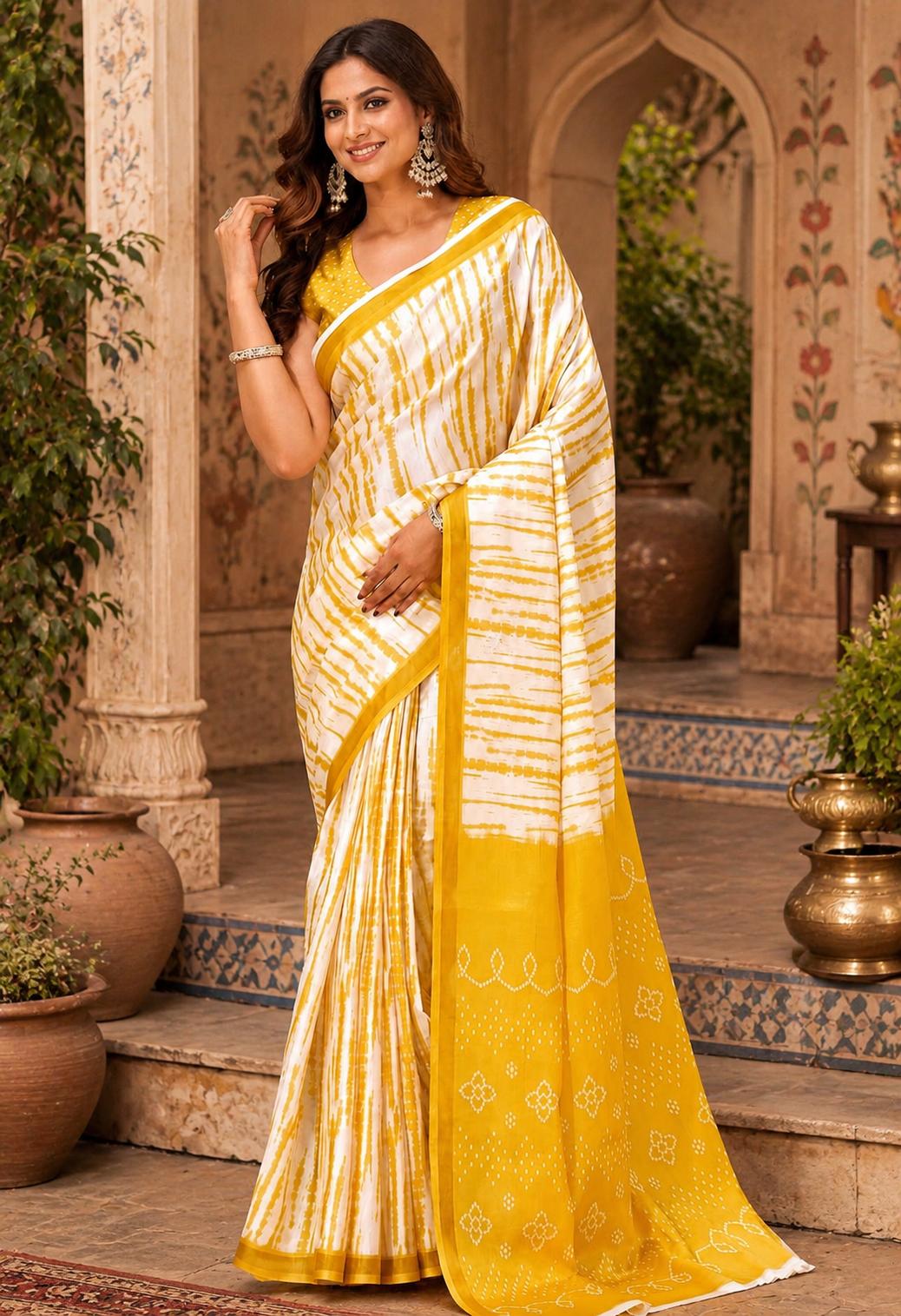 Linen Printed Saree With Unstitched Blouse(yellow) image 3