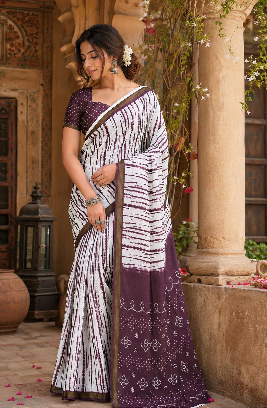 Linen Printed Saree With Unstitched Blouse(brown) image 3