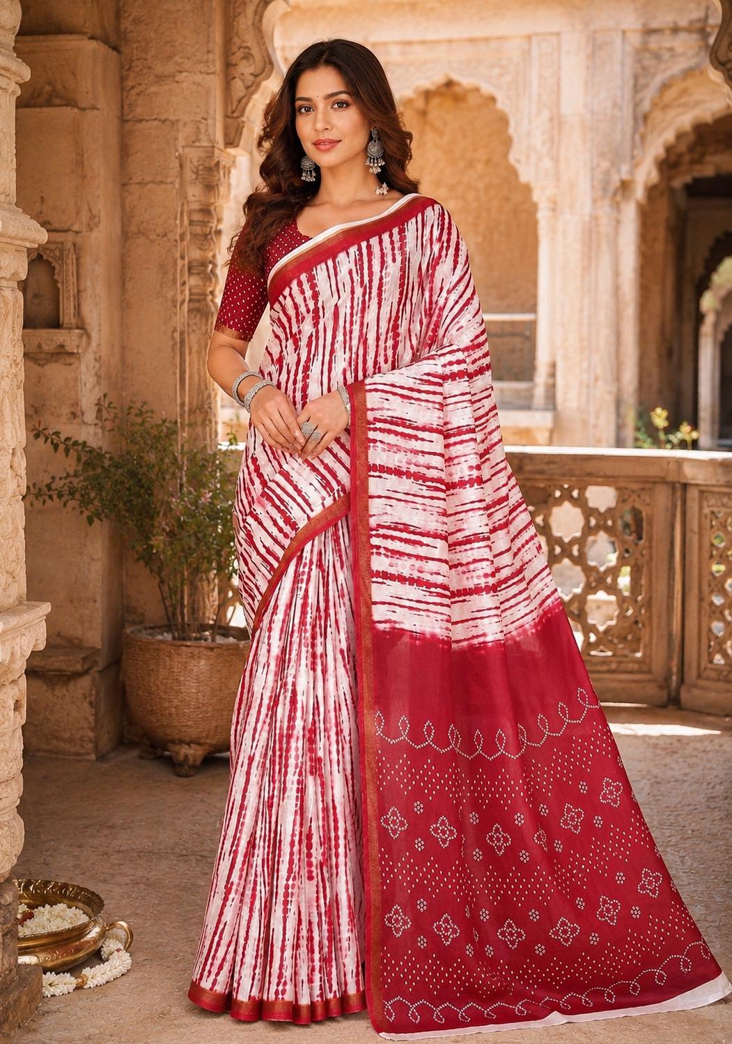 Linen Printed Saree With Unstitched Blouse(red) image 3