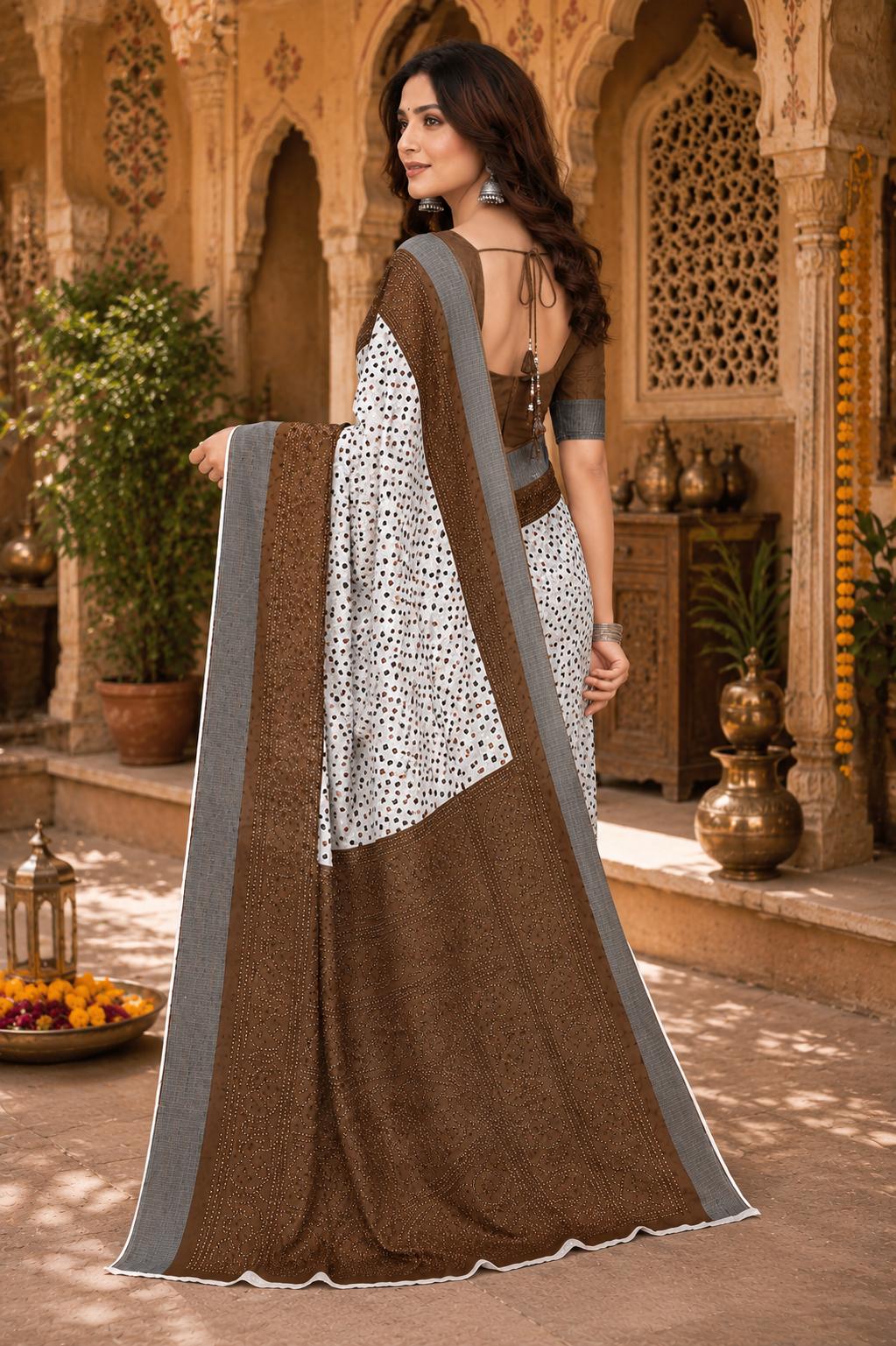 Linen Printed Saree With Unstitched Blouse(coffee) image 3