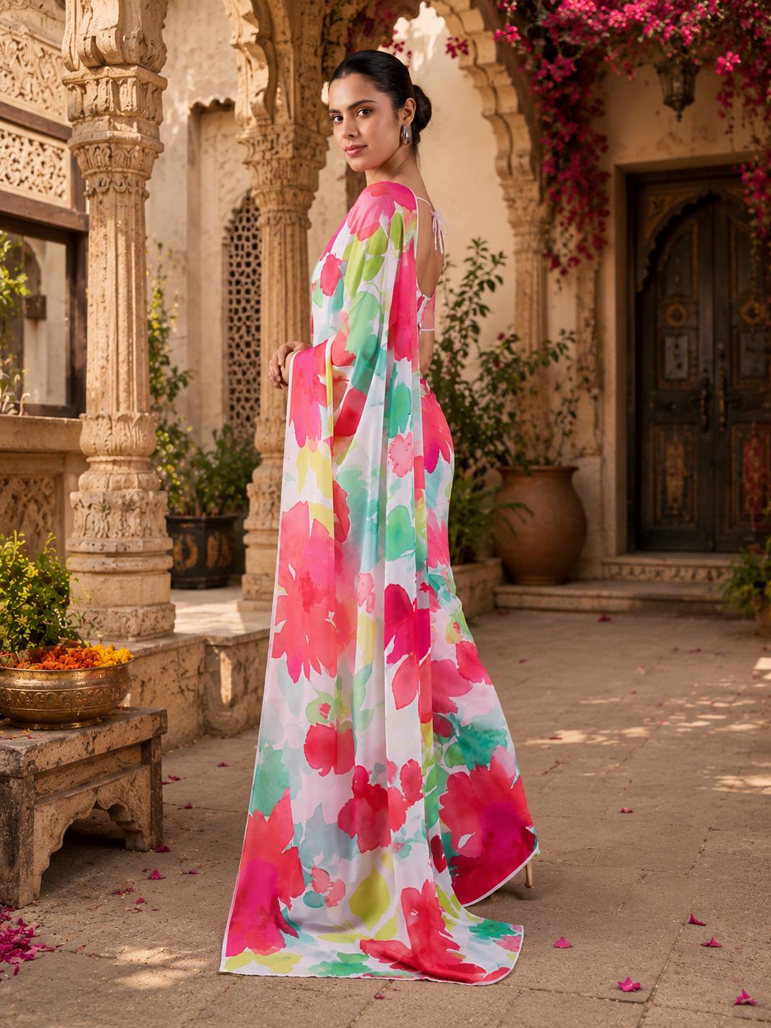 Satin Georgette Printed Printed Saree With Unstitched Blouse(white) image 3