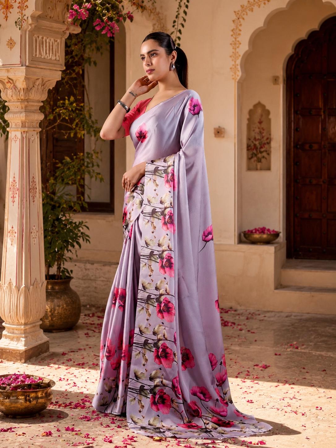 Satin Georgette Printed Printed Saree With Unstitched Blouse(purple) image 3