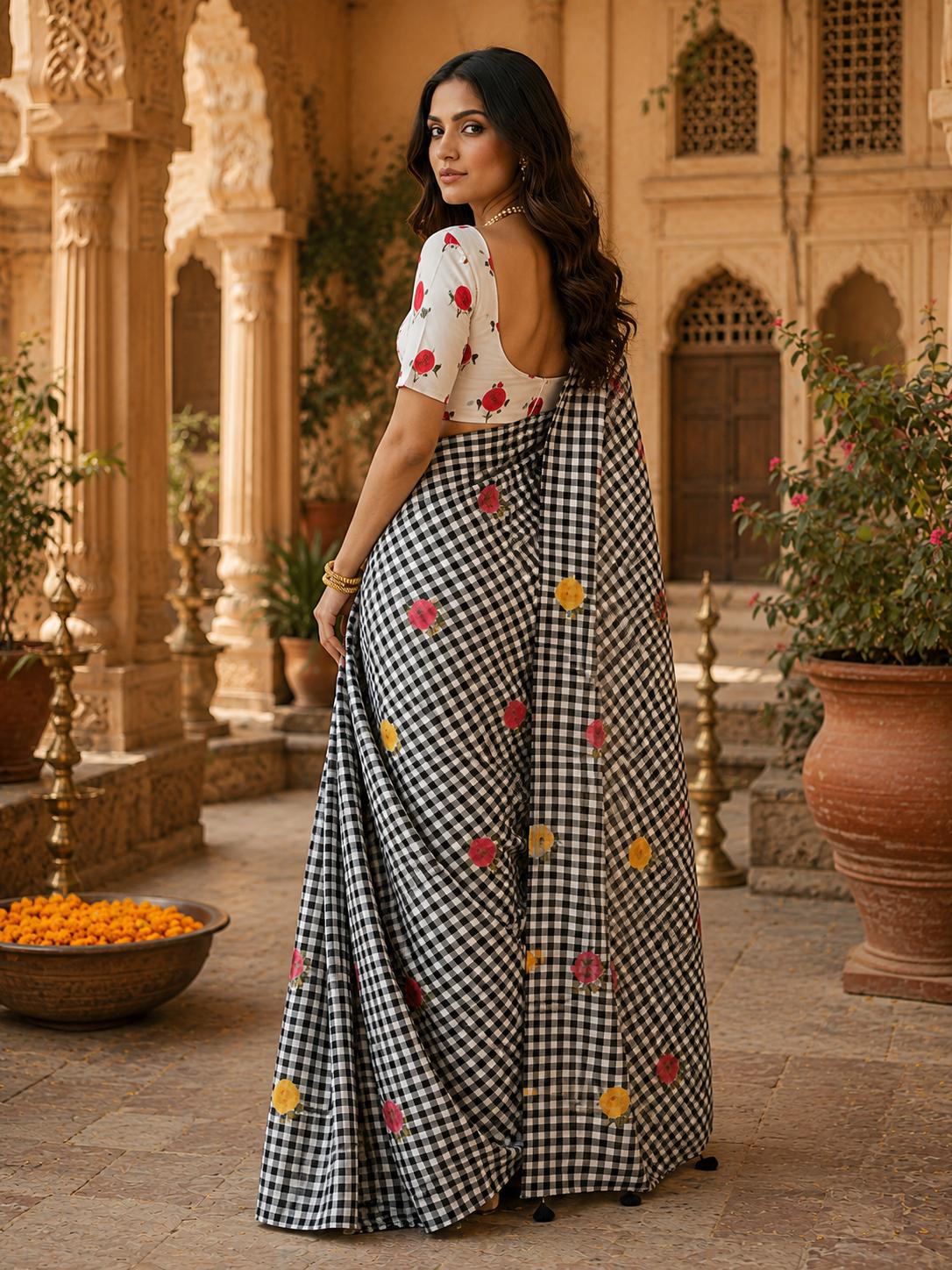 Linen Flora Chex Printed Saree With Unstitched Blouse(grey) image 3