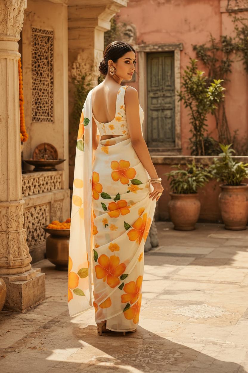 Georgette Floral Digital Print Saree With Unstitched Blouse(white) image 3